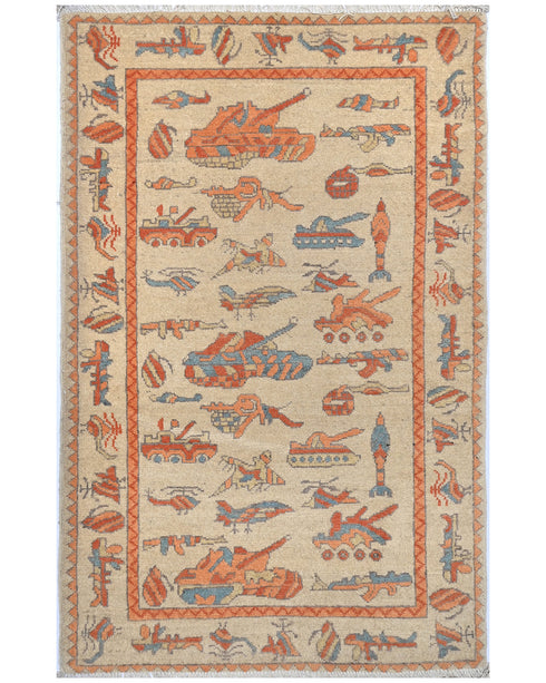 3x5 Light Brown Kuba Afghan Hand Knotted Wool Area Rug